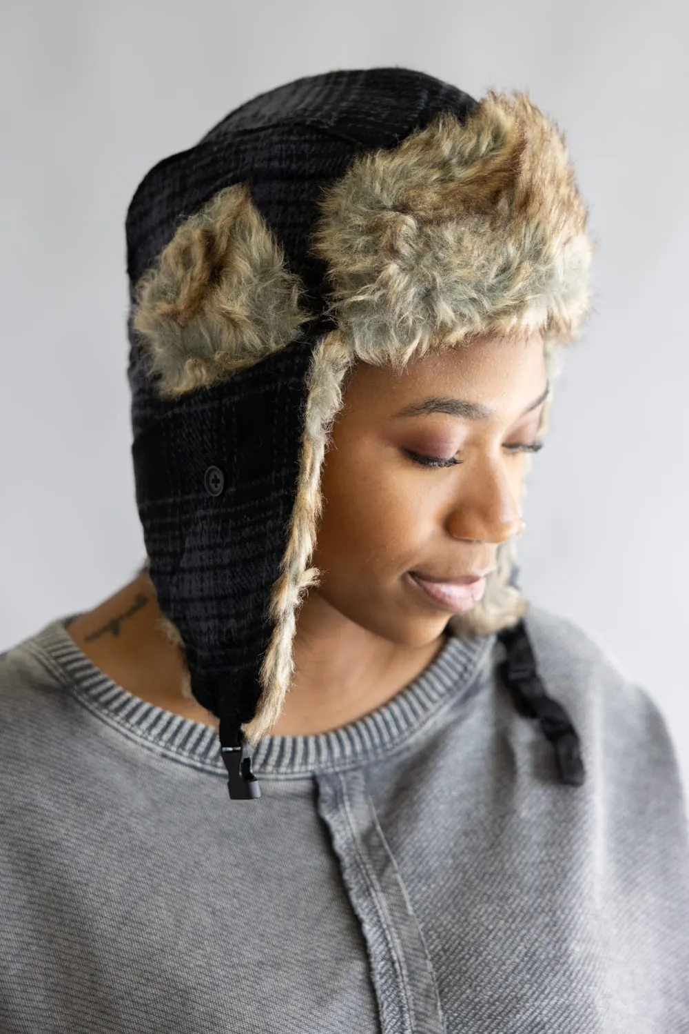 Faux Fur Trapper Hat for Women in Black Plaid | FF06C-BLACK sold by Glik’s product image thumbnail 4