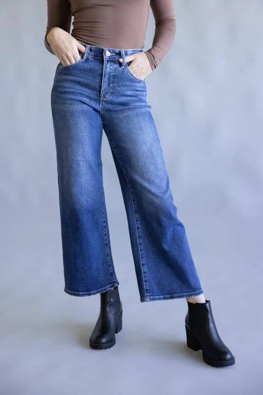 Risen High Rise Crop Wide Jeans for Women in Dark Wash | RDP5909-DK sold by Glik’s