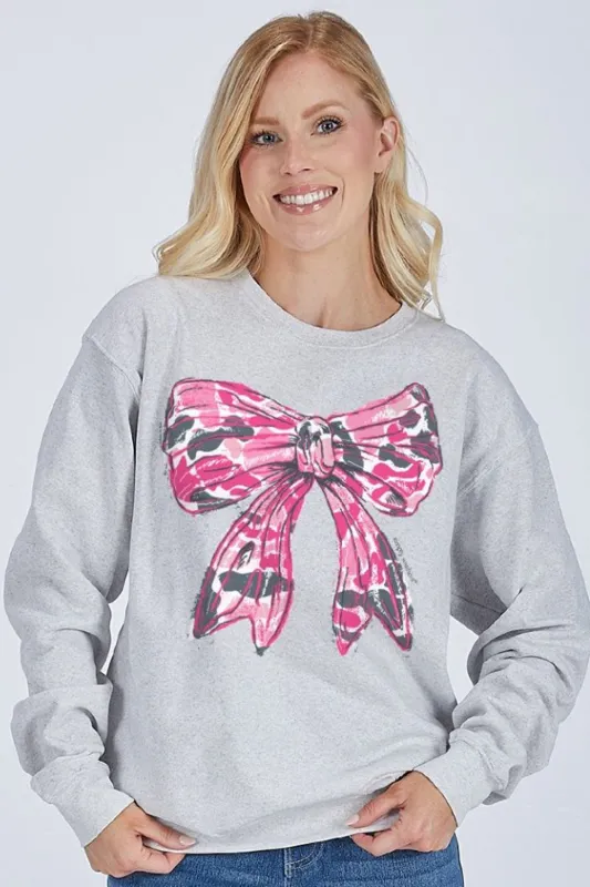 Simply Southern Pink Camo Bow Crewneck for Women in Gray | CREW-PINKCAMO-FLURRY sold by Glik’s
