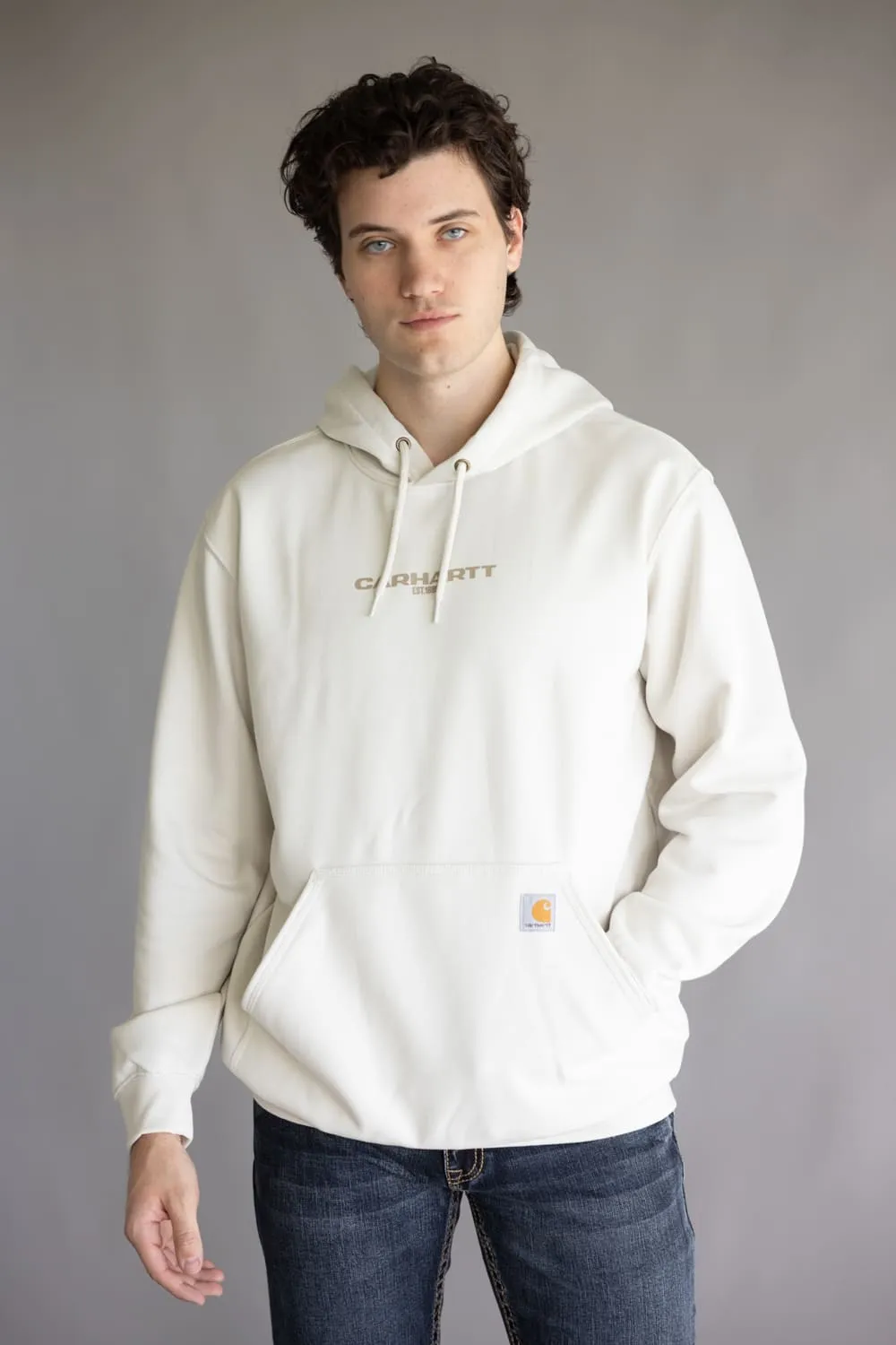 Carhartt 1889 Rain Defender Loose Fit Midweight Logo Graphic Hoodie for Men in Malt | 107031-W03 IVORY sold by Glik’s