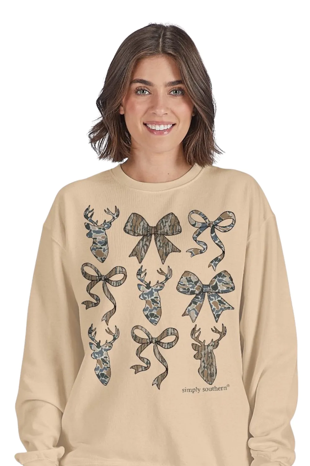 Simply Southern Deer Camo Bow Crewneck for Women in Sand | CREW-DEERCAMO-SAND sold by Glik’s