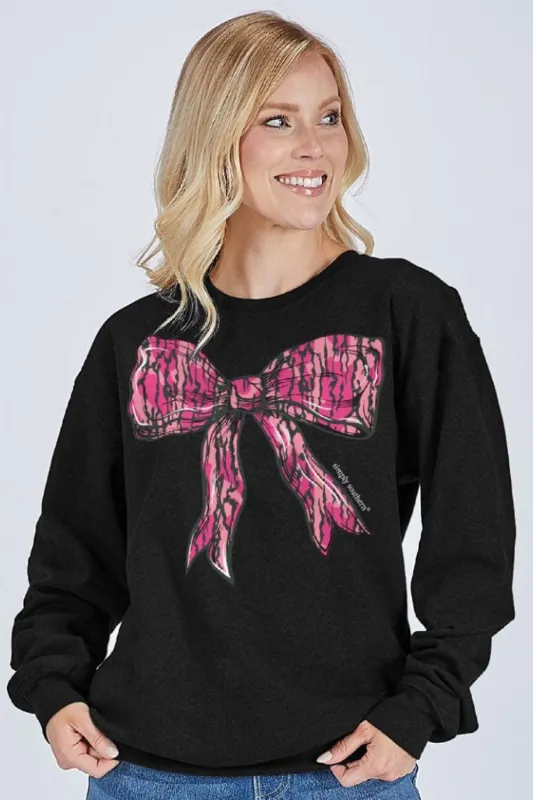 Simply Southern Pink Tree Bark Bow Crewneck for Women in Black | CREW-PINKBARK-BLACK sold by Glik’s