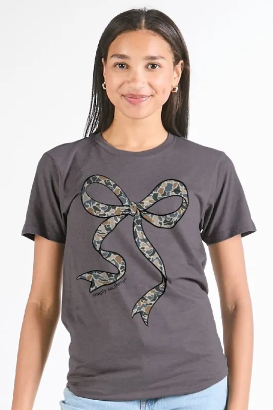 Simply Southern Old Camo Bow T-Shirt for Women in Iron Heather | SS-CAMOOLD-IRONHTHR sold by Glik’s