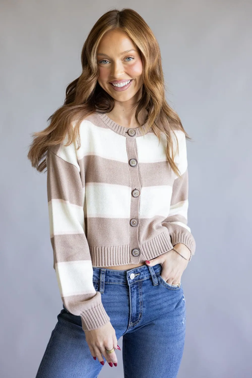 Button Front Stripe Cardigan for Women in Mocha White | PF5S45287-MOCHAWHITE sold by Glik’s product image thumbnail 3