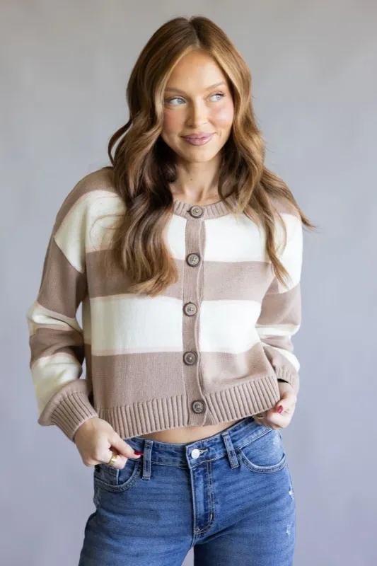 Button Front Stripe Cardigan for Women in Mocha White | PF5S45287-MOCHAWHITE sold by Glik’s