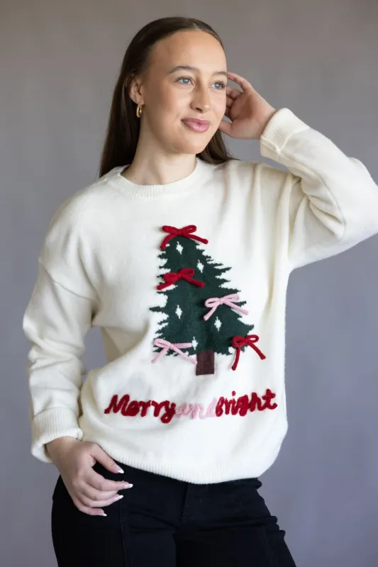 Christmas Tree Bow Sweater for Women in Cream | MWT20210-2-CREAM sold by Glik’s
