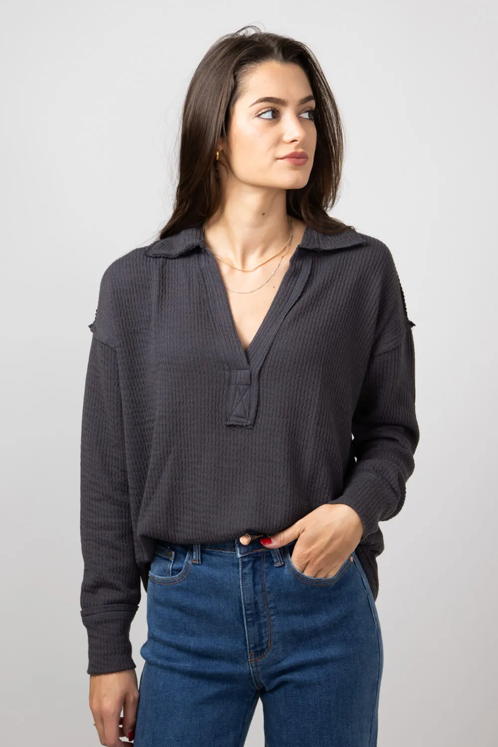 Blu Pepper Ribbed Knit Johnny Collar Polo Shirt for Women sold by Glik’s product image thumbnail 3
