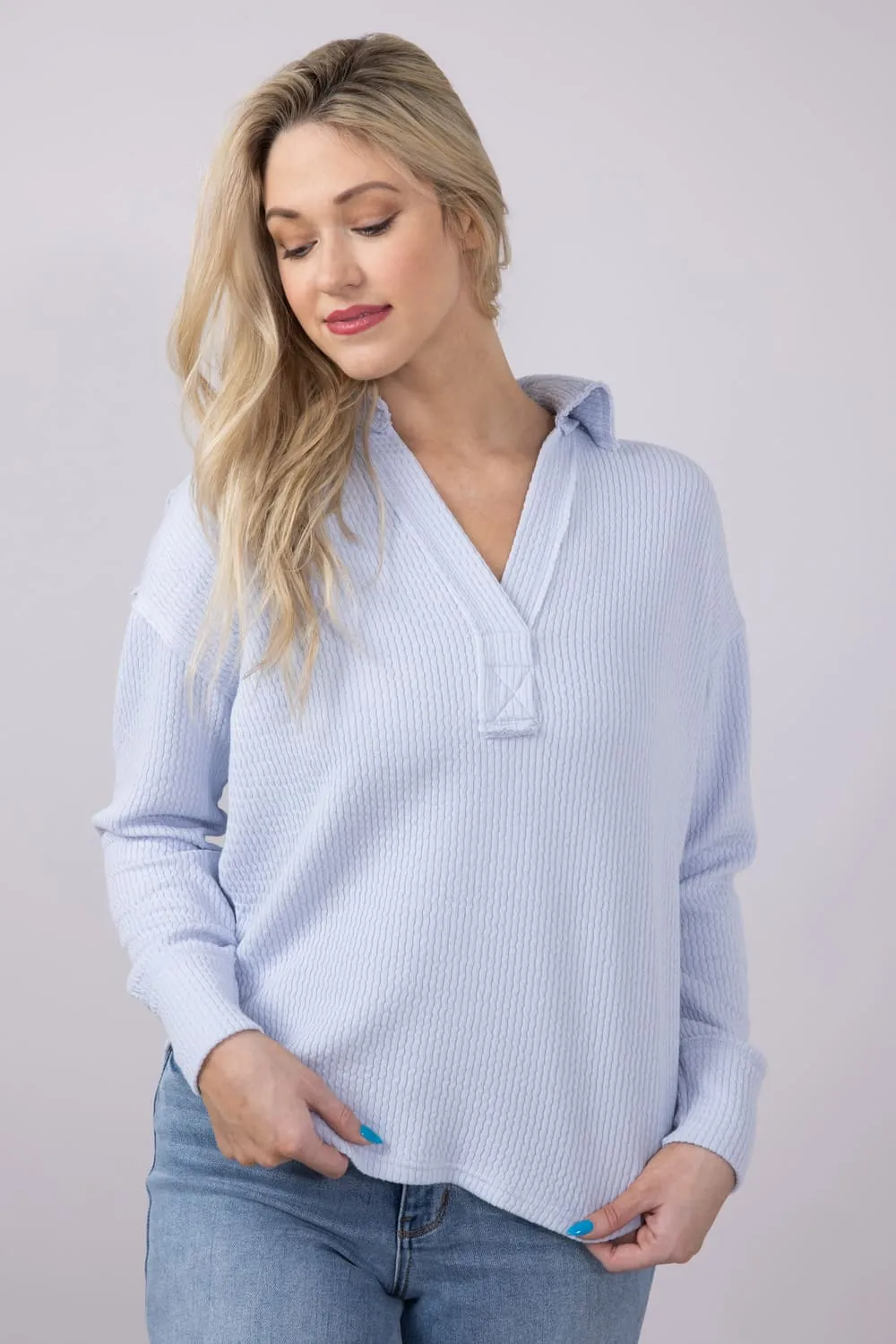 Blu Pepper Ribbed Knit Johnny Collar Polo Shirt for Women sold by Glik’s product image thumbnail 2
