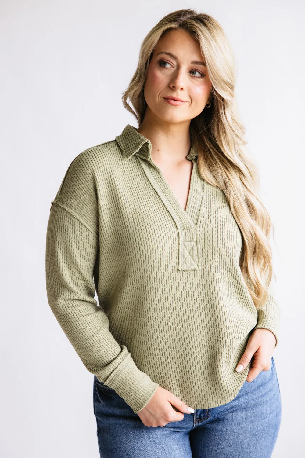 Blu Pepper Ribbed Knit Johnny Collar Polo Shirt for Women sold by Glik’s product image thumbnail 5