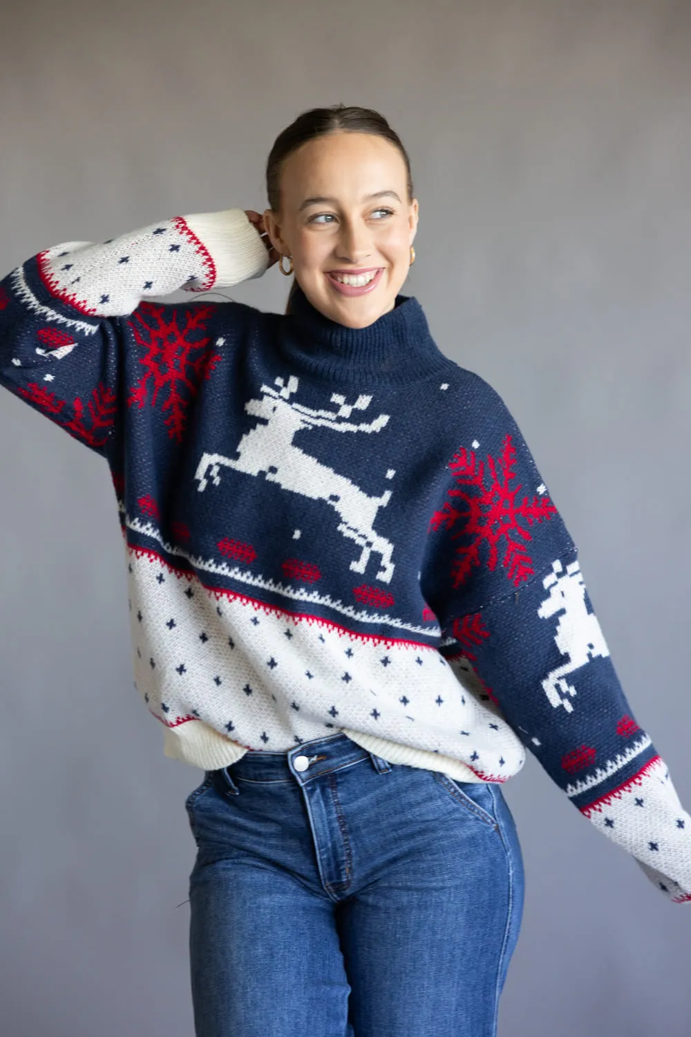 High Neck Fair Isle Sweater for Women in Dusty Blue | IWT6050-DUSTYBLUE-MULTI sold by Glik’s product image thumbnail 3