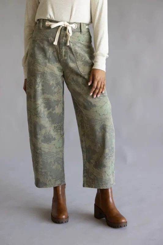 Drawstring Camo Leaf Barrel Jeans for Women in Green | VJP90048-BRANCHLEAFMIX sold by Glik’s