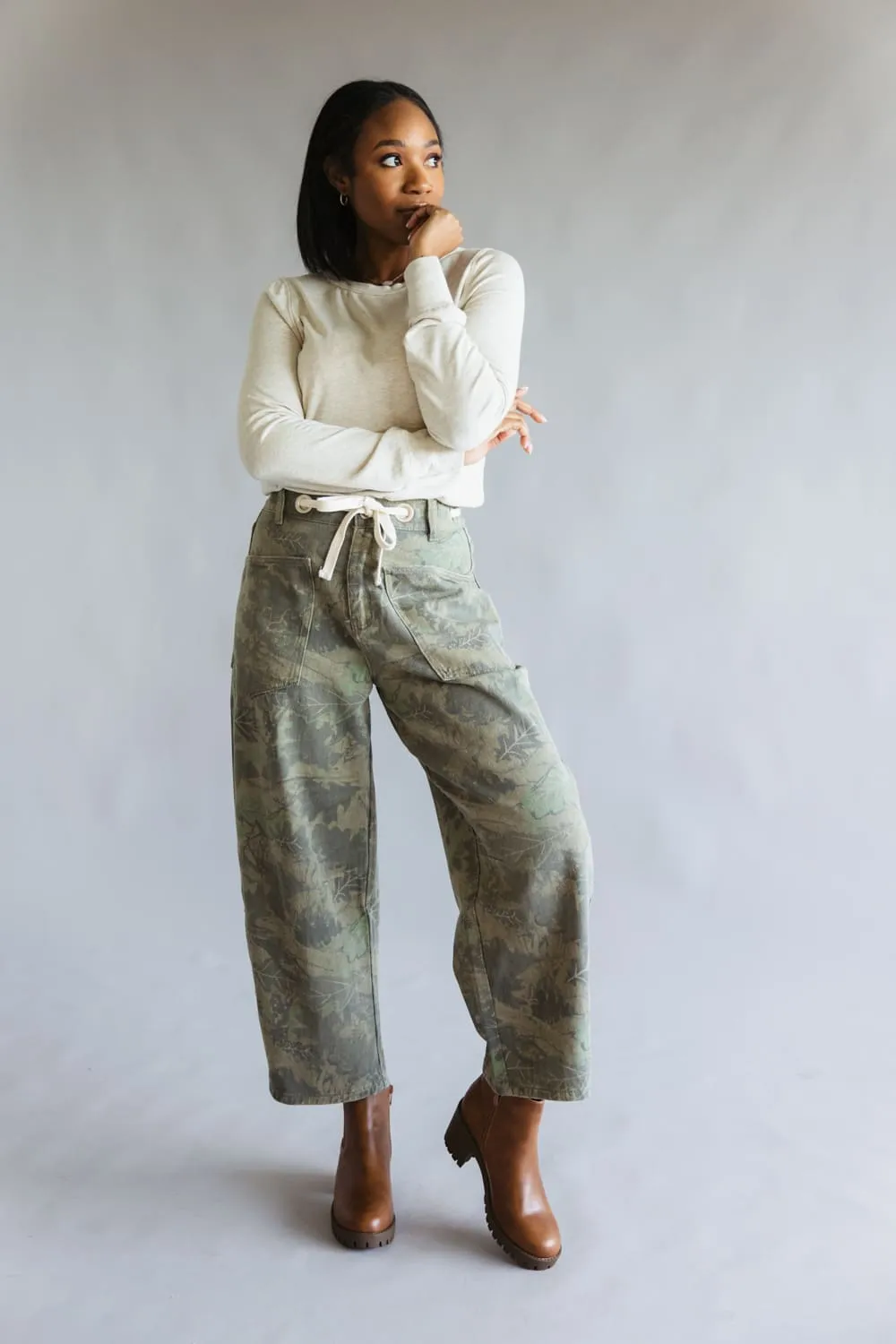 Drawstring Camo Leaf Barrel Jeans for Women in Green | VJP90048-BRANCHLEAFMIX sold by Glik’s product image thumbnail 2