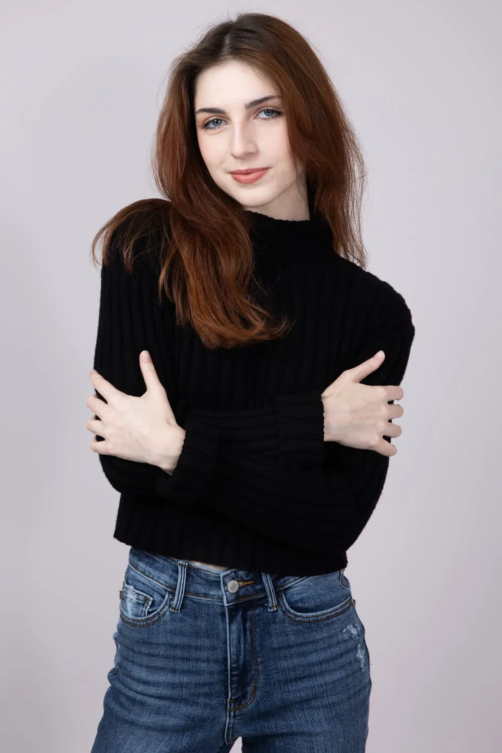 Ribbed Mock Neck Cropped Sweater for Women sold by Glik’s