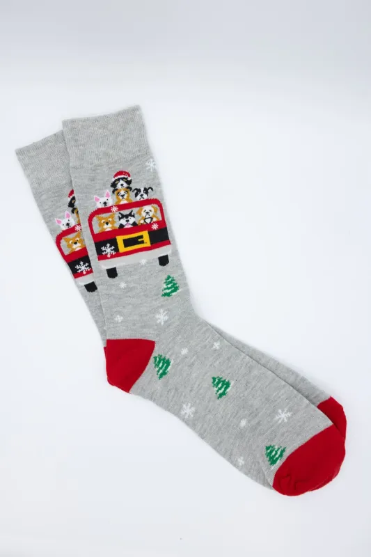 Busload of Puppies Holiday Crew Socks for Men in Gray | 91718 sold by Glik’s