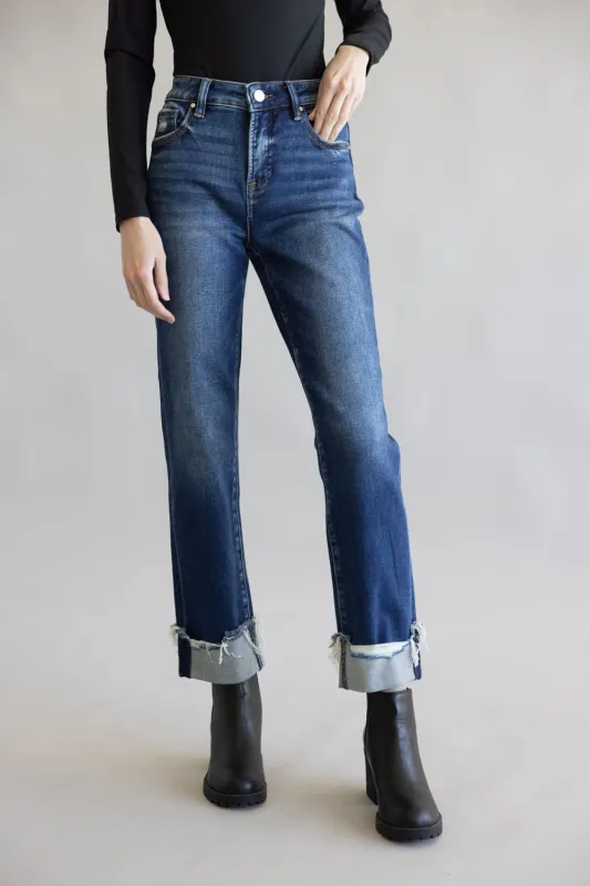Risen High Rise Tummy Control Cuffed Straight Leg Jeans for Women | RDP5877-DK sold by Glik’s