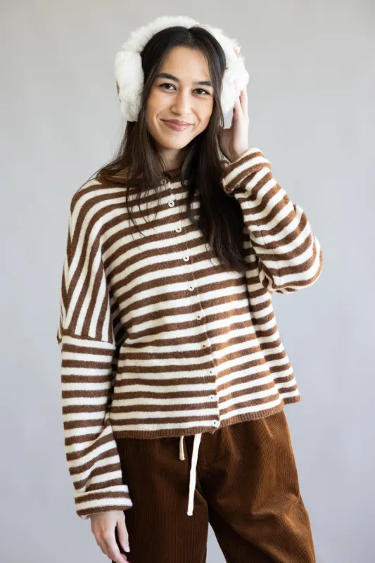 Things Between Piper Cardigan for Women in Brown Stripe | TBW1223-IRYBRN sold by Glik’s