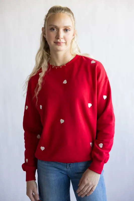 1897 Active Embroidered Hearts Fleece Sweatshirt for Women in Red | T979-REDIVORY sold by Glik’s