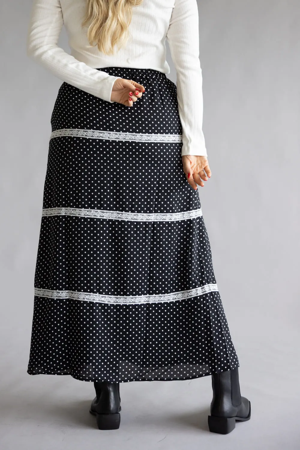 Rowan Polka Dot Tiered Maxi Skirt for Women in Black | PCS1037-BLACK sold by Glik’s product image thumbnail 3