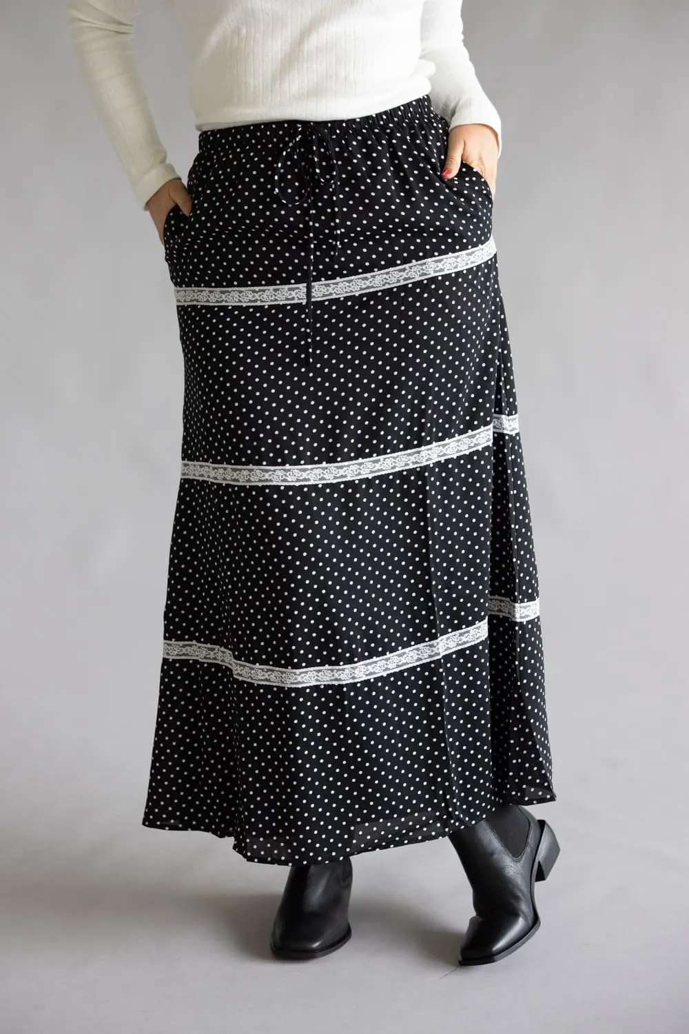 Rowan Polka Dot Tiered Maxi Skirt for Women in Black | PCS1037-BLACK sold by Glik’s product image thumbnail 2