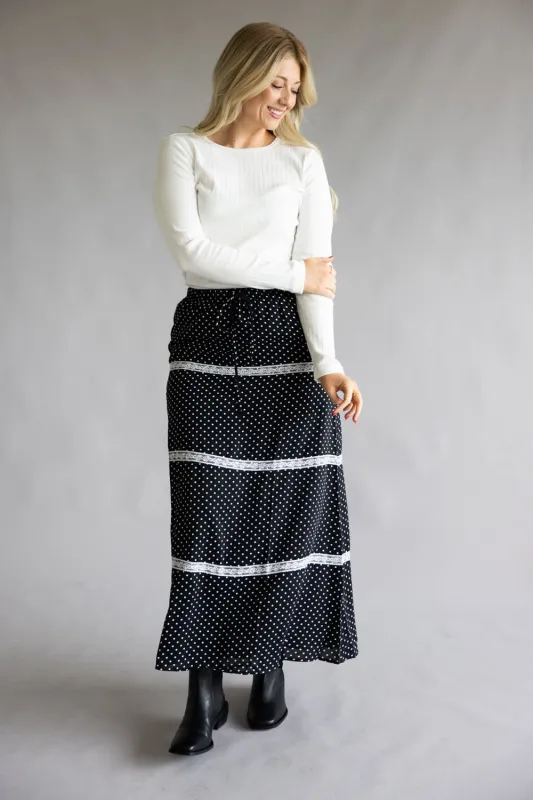 Rowan Polka Dot Tiered Maxi Skirt for Women in Black | PCS1037-BLACK sold by Glik’s
