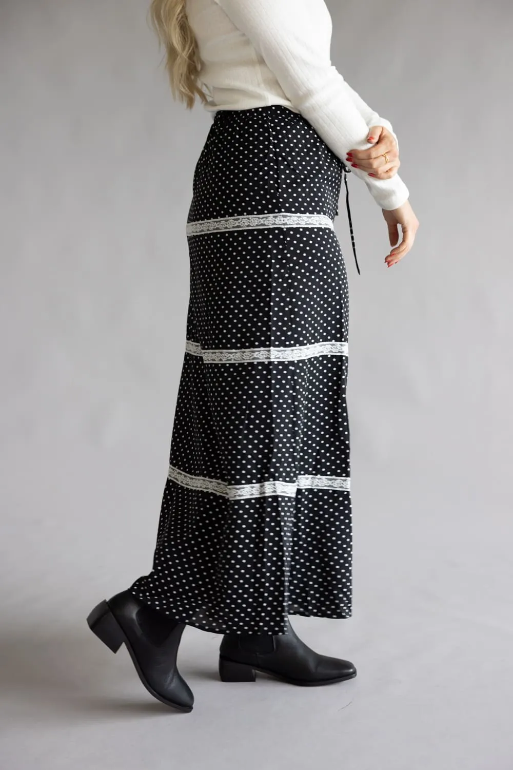 Rowan Polka Dot Tiered Maxi Skirt for Women in Black | PCS1037-BLACK sold by Glik’s product image thumbnail 4