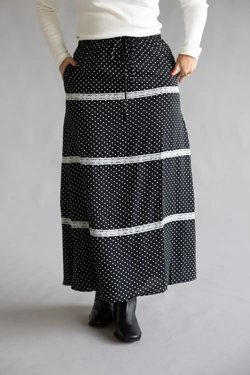 Rowan Polka Dot Tiered Maxi Skirt for Women in Black | PCS1037-BLACK sold by Glik’s product image thumbnail 5