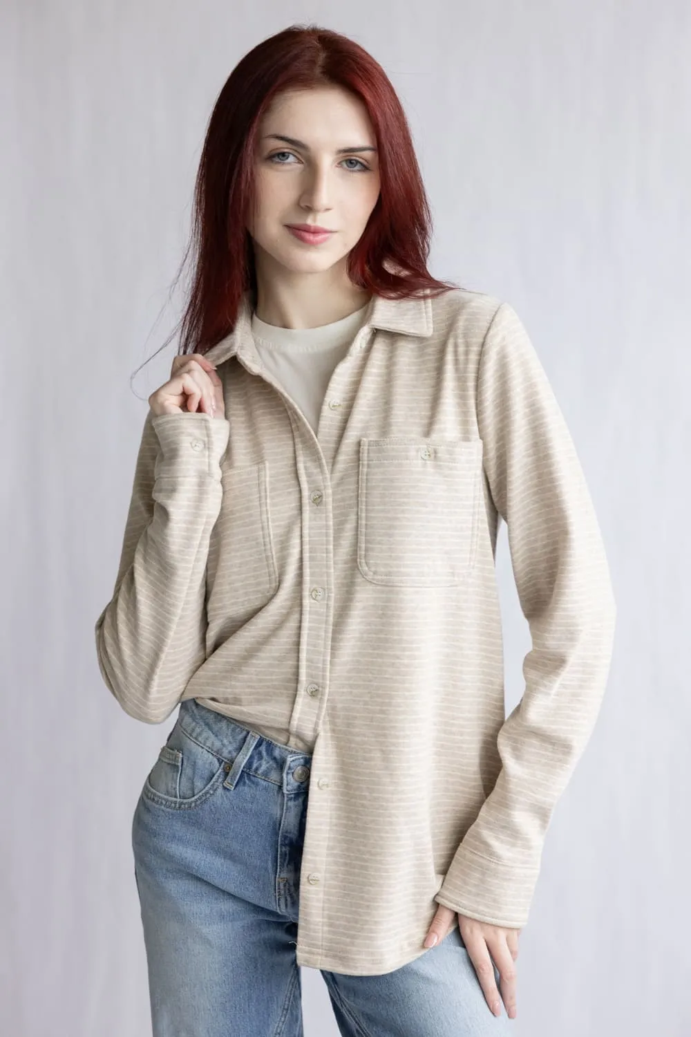 Thread & Supply Lewis Soft Luxe Button Up Shirt for Women in Tan White | T1084PVXTS-TANWHITE sold by Glik’s