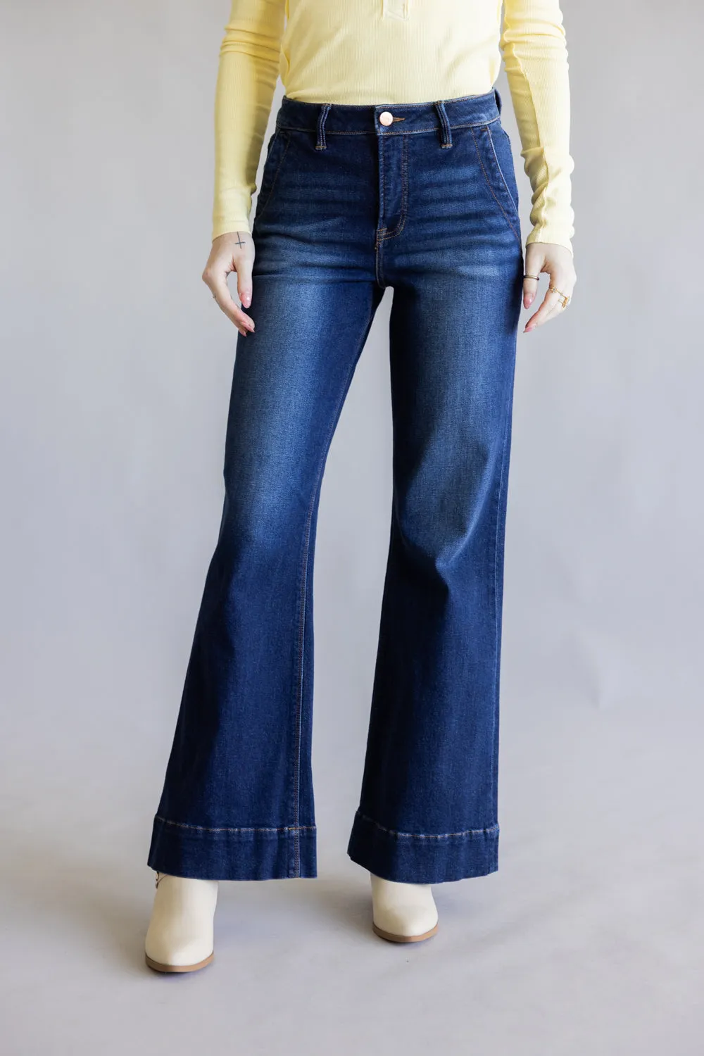 Risen High Rise Tummy Control Wide Leg Jeans for Women | PW21525-DK sold by Glik’s