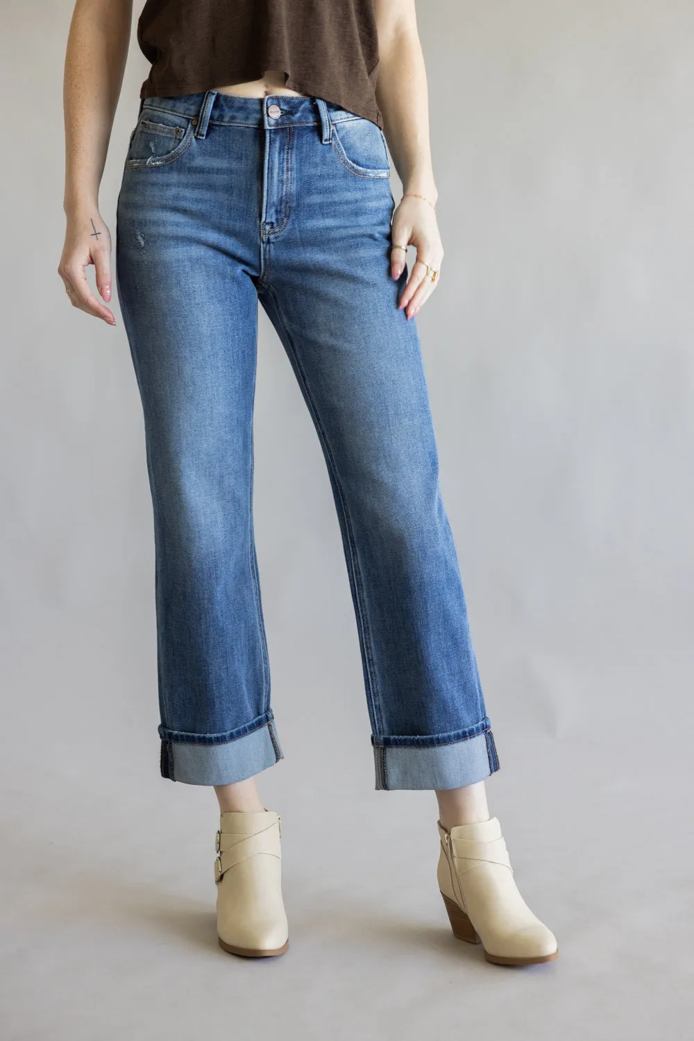 Risen Mid-Rise Relaxed Straight Leg Cuff Jeans for Women | PSC21468-DK sold by Glik’s product image thumbnail 4