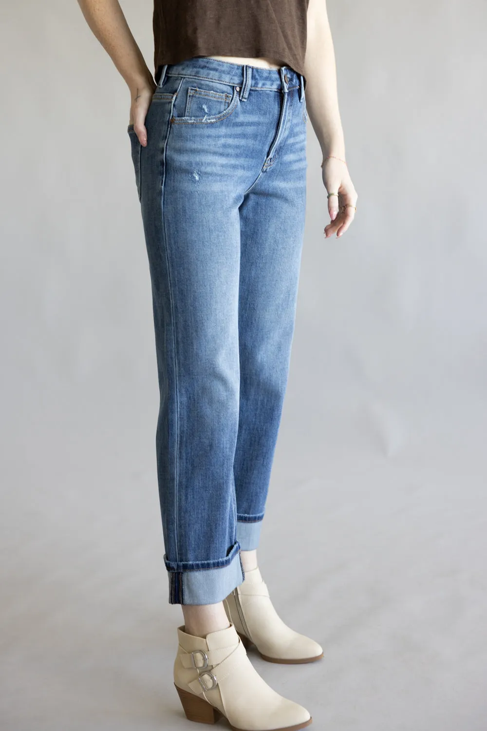 Risen Mid-Rise Relaxed Straight Leg Cuff Jeans for Women | PSC21468-DK sold by Glik’s product image thumbnail 5