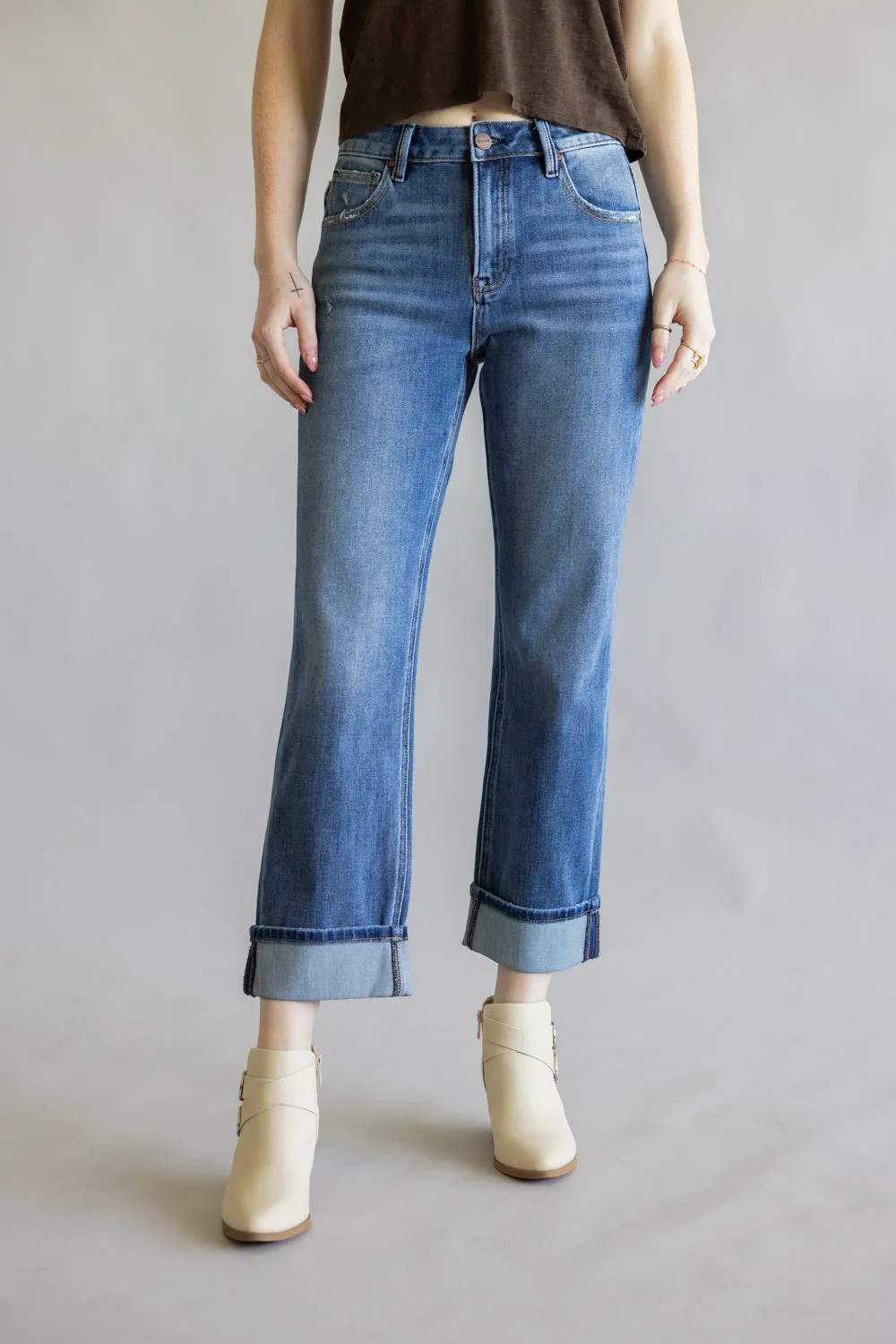 Risen Mid-Rise Relaxed Straight Leg Cuff Jeans for Women | PSC21468-DK sold by Glik’s