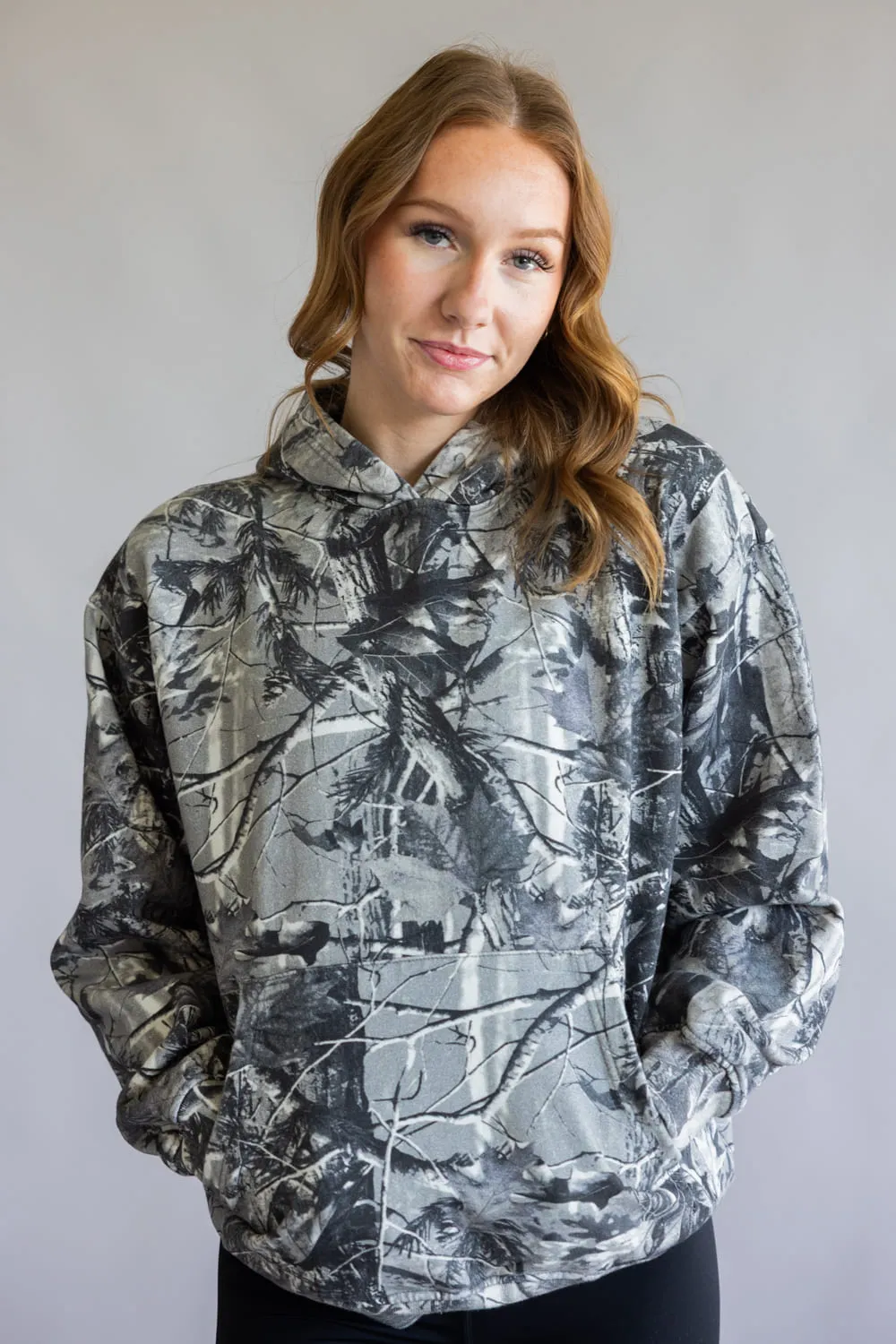 Camo Print Heavyweight Vintage Hoodie for Women in Grey | CCHOD475SNW-TRGRY sold by Glik’s