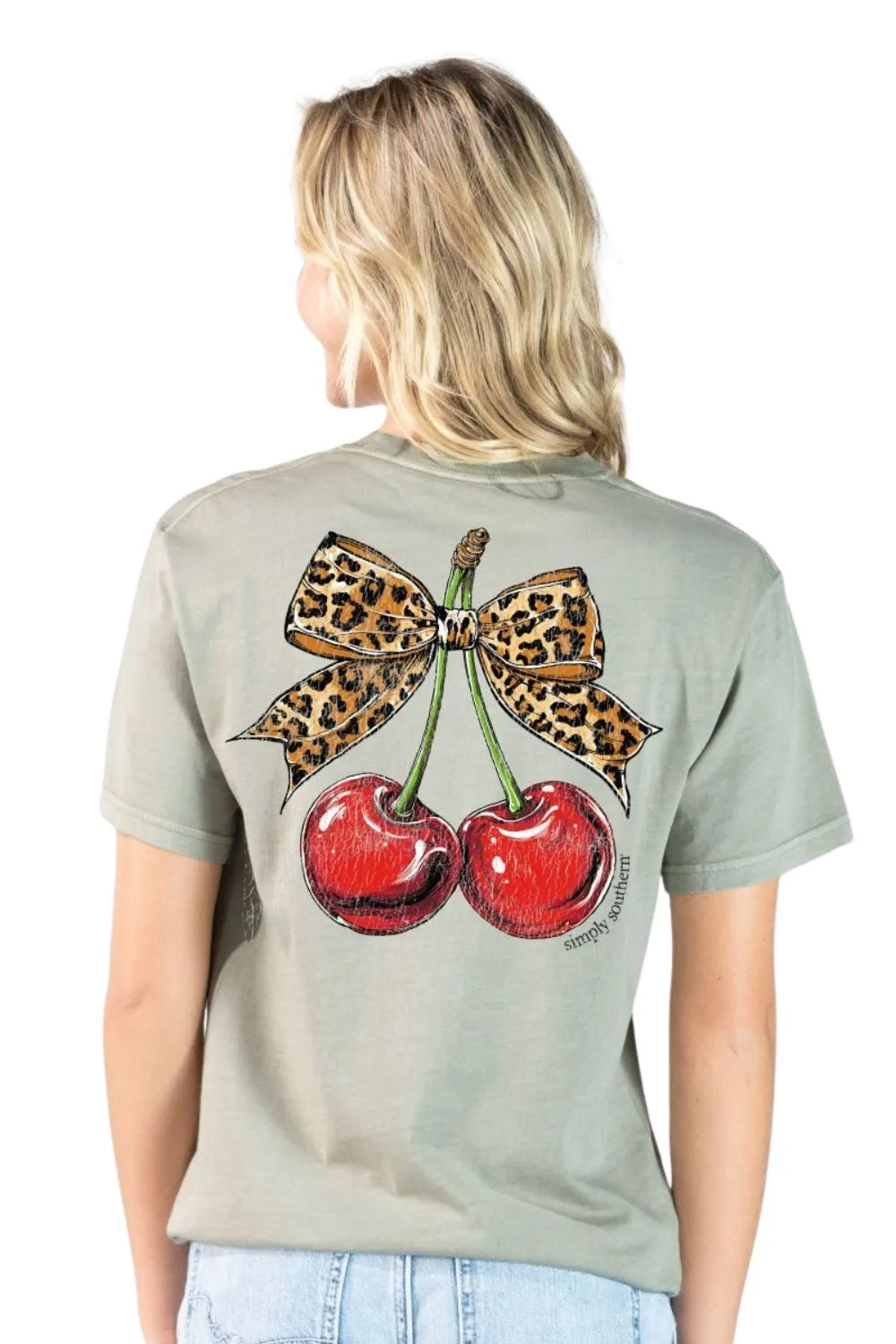 Simply Southern Cherries with Leopard Bow Mineral Wash T-Shirt for Women in Birch Tan | MINWASH-CHERRY-BIRCH sold by Glik’s