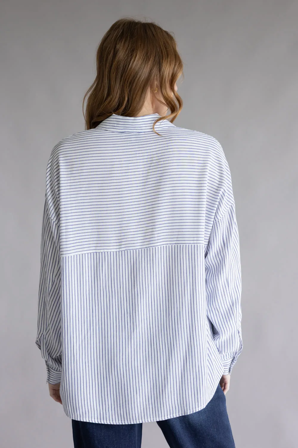 Mix Stripe Button Up Top for Women in Blue | ACT12305-BLUE sold by Glik’s product image thumbnail 3