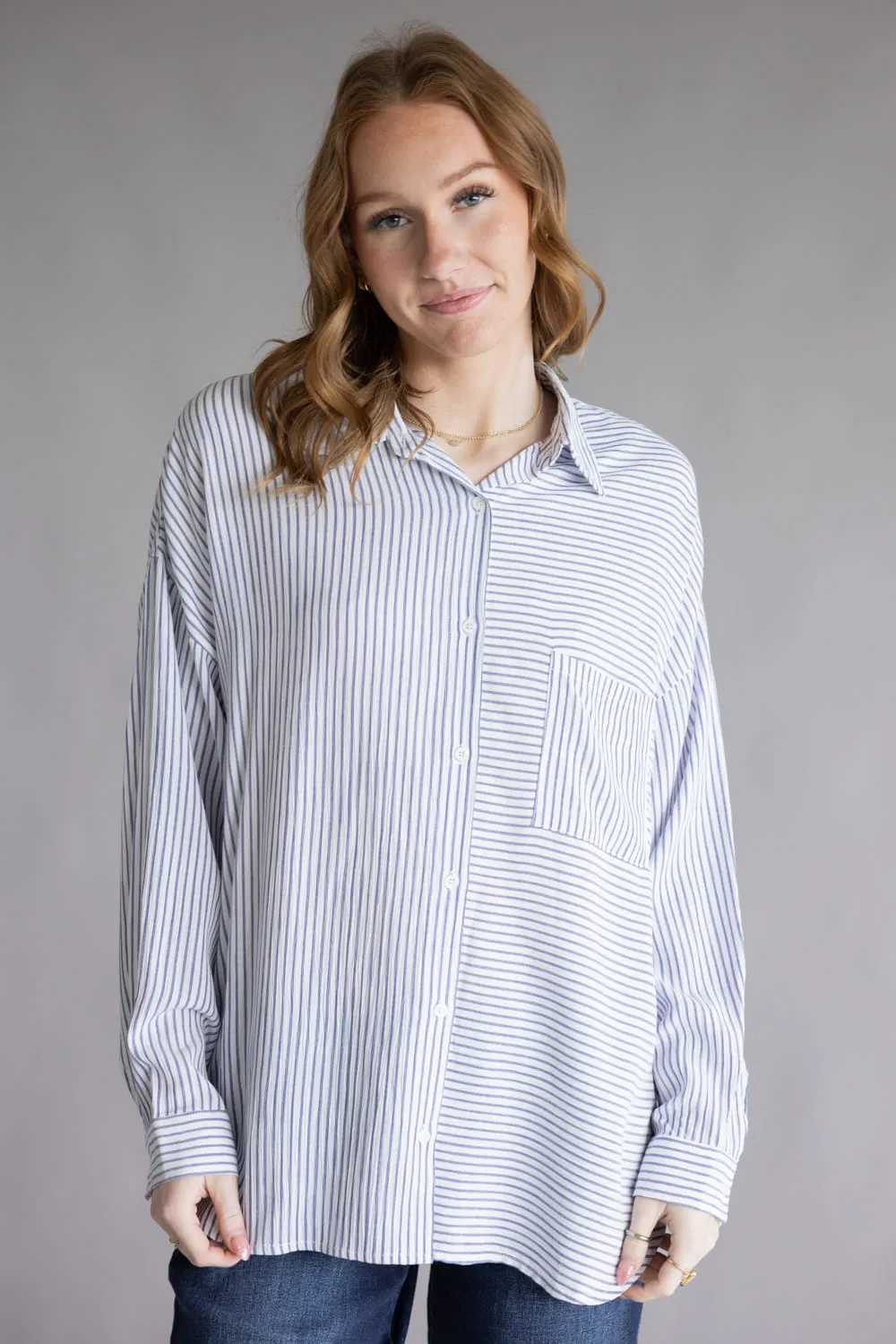 Mix Stripe Button Up Top for Women in Blue | ACT12305-BLUE sold by Glik’s product image thumbnail 4