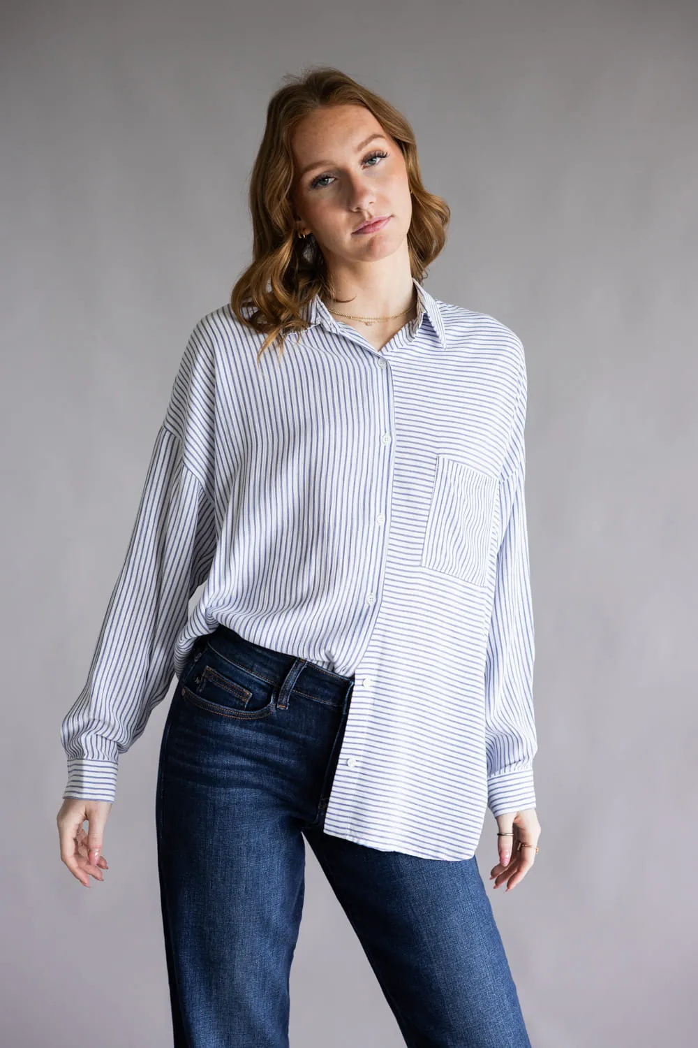 Mix Stripe Button Up Top for Women in Blue | ACT12305-BLUE sold by Glik’s product image thumbnail 2