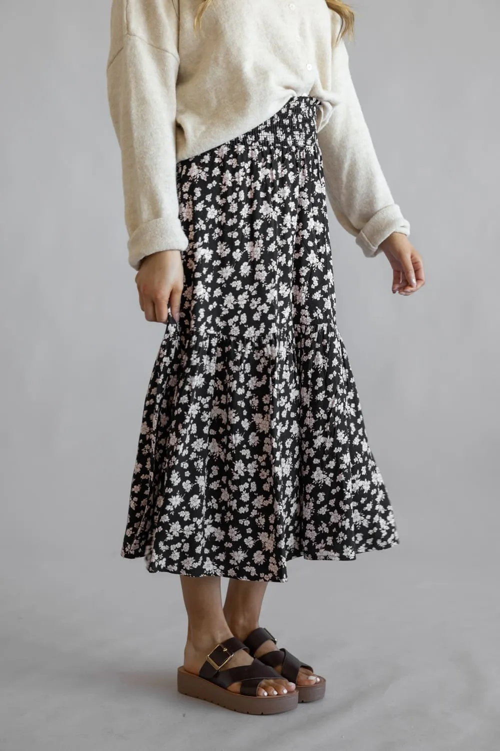 Ditsy Floral Tiered Smocked Waist Midi Skirt for Women in Black/Taupe | VS3533-BLACKTAUPE sold by Glik’s product image thumbnail 4