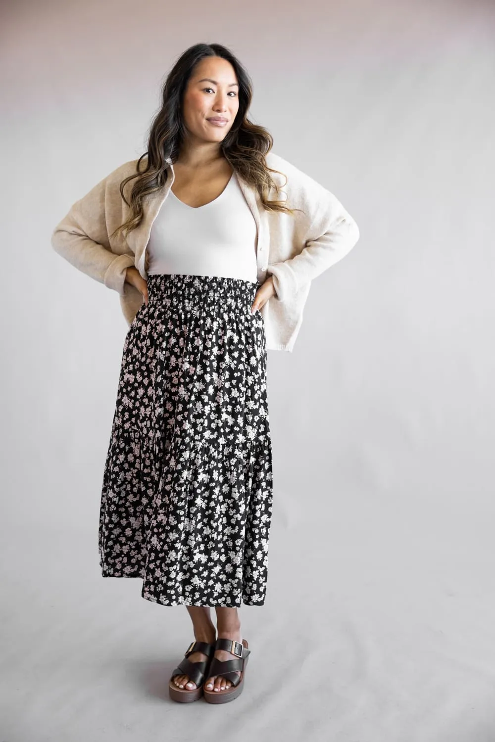 Ditsy Floral Tiered Smocked Waist Midi Skirt for Women in Black/Taupe | VS3533-BLACKTAUPE sold by Glik’s product image thumbnail 2