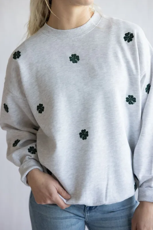 1897 Active Embroidered Four Leaf Clovers Fleece Sweatshirt for Women in Grey | T1039-ICEGREY made by Reflex
