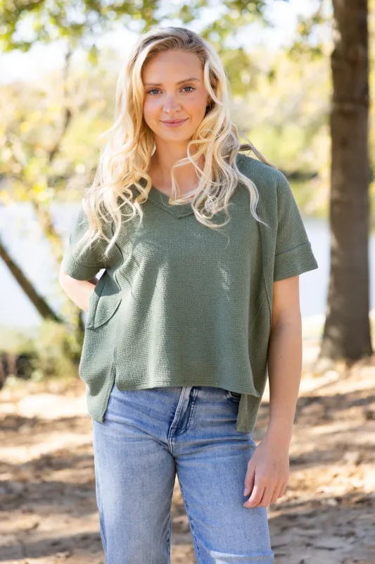 Textured V-Neck Seam Detailed Top for Women in Olive | 14400-OLV sold by Glik’s