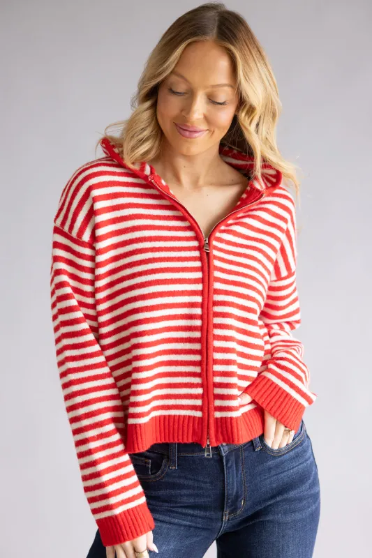 Things Between Striped Full Zip Hooded Cardigan for Women in Red | TBW14111-RED made by Things Between