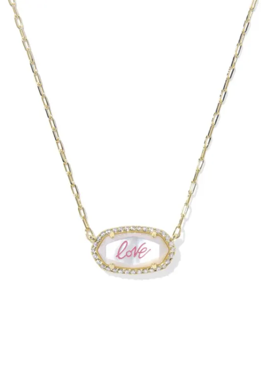 Kendra Scott Elisa Pave Frame Gold Necklace in Mother of Pearl Love Script | 9608890078 sold by Glik’s