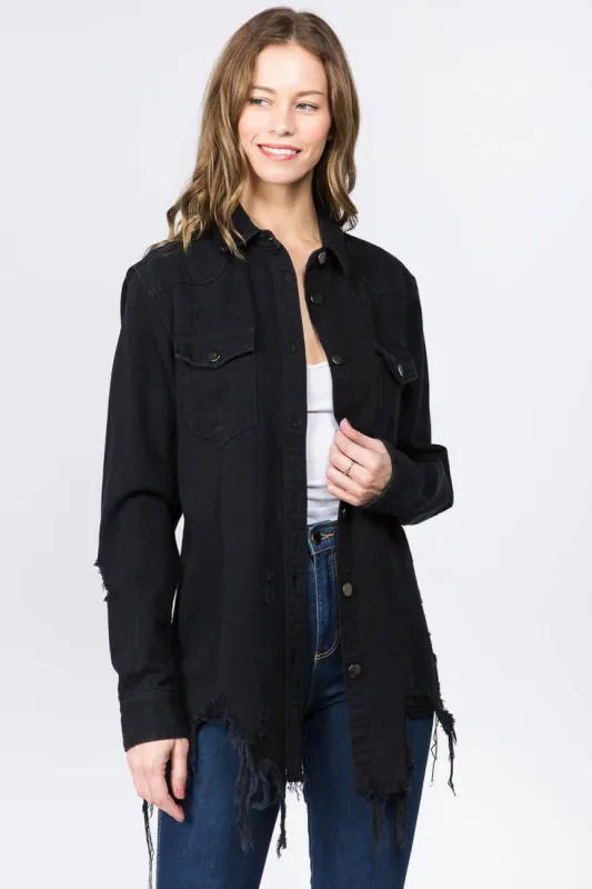 American Bazi Long Destructed Denim Shacket in Black | RJK-3447-BLACK sold by Glik’s