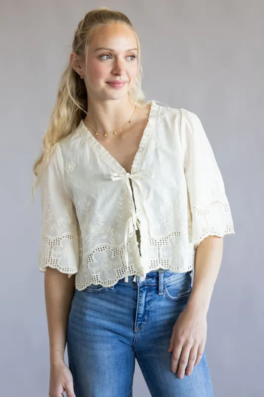 Embroidered Tie Front Top for Women in Ivory | AT2643-IRY sold by Glik’s