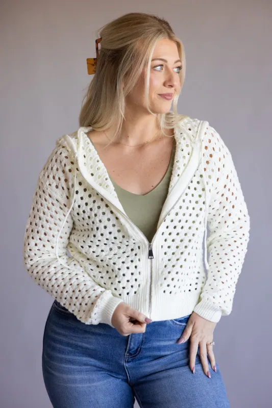 Elan Open Knit Full Zip Hooded Cardigan for Women in Off White | SW11601-WHT made by Glik’s