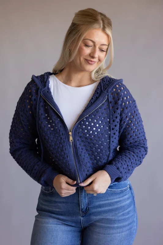 Elan Open Knit Full Zip Hooded Cardigan for Women in Navy | SW11601-NVY made by Glik’s
