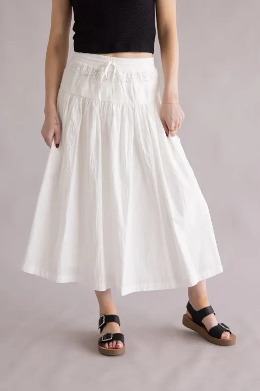 Eyelet Tie Waist Midi Skirt for Women in White | S25416-OFFWHITE made by Mustard Seed