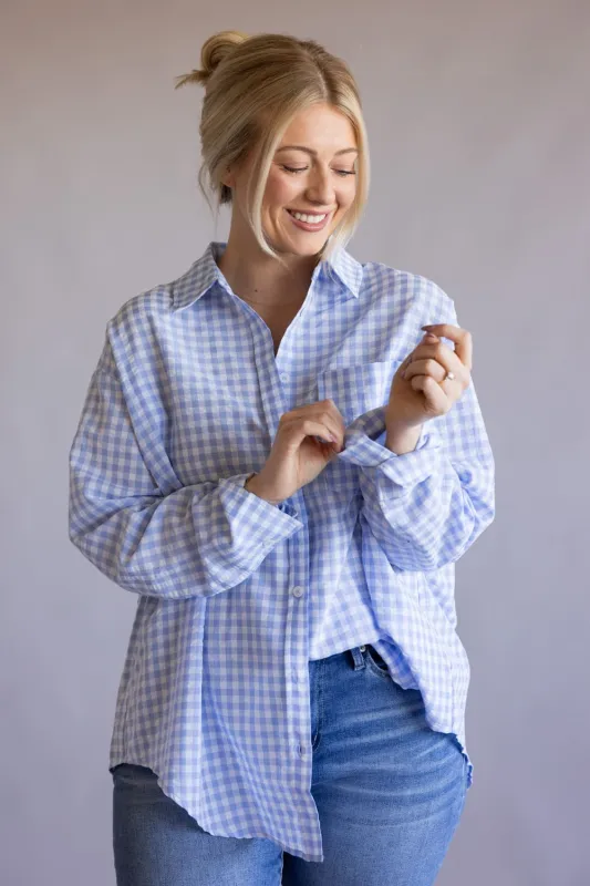 Gingham Oversized Button Up Shirt for Women in Light Blue | MT1595-LIGHTBLUE made by Mimosa
