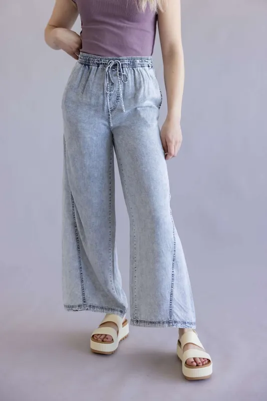 Denim Drawstring Wide Leg Pants for Women in Light Wash | VP70347A-LTWASH sold by Glik’s