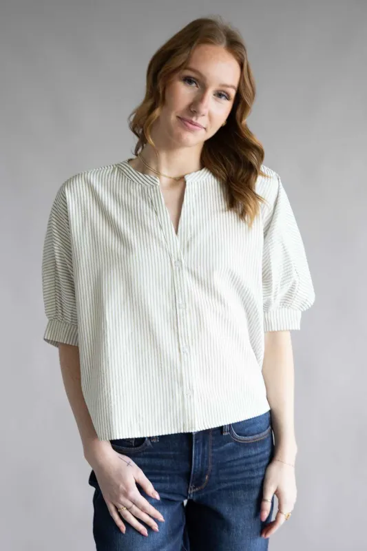 Pinstripe Split Neck Button Front Top for Women in Sage | AT8201-SAG made by Glik’s